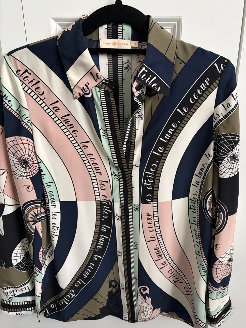 Tory Burch Navy, Pink, Cream & Mint Printed Silk Blouse